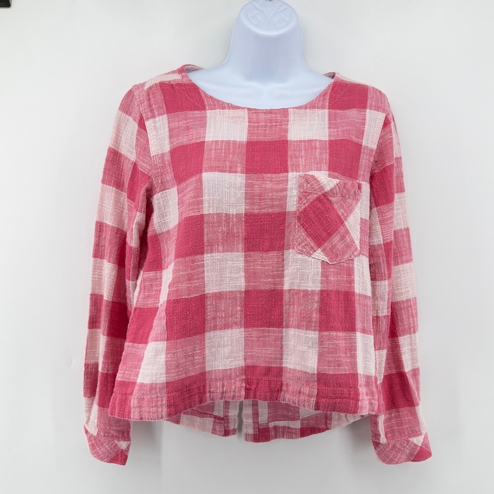 Cloth & Stone Anthropologie Pink Gingham Linen Blend Button Back Top Blouse S